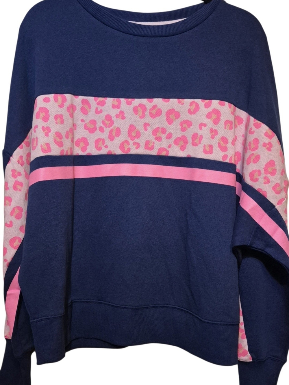 crown & ivy Navy Crewneck Sweater with Pink Leopard Panel
